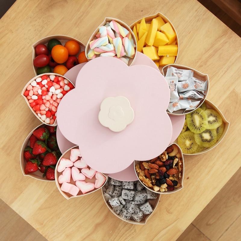 Double Layer 10 Grid Candy Snack Storage Flower Shape Rotating Box