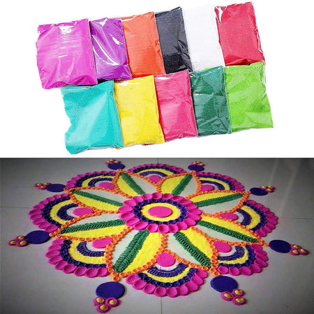Rangoli Plastic Color Powder Pack of 10 polybags Multi colored for Door Decoration on Diwali, Navratri and more Indian Festival