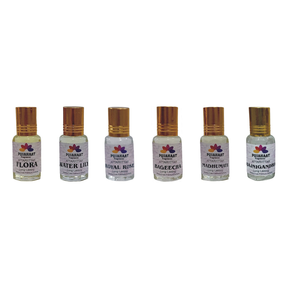 Pujahaat Premium Alcohol-Free&nbsp; Attar Gift Pack Of 6 Floral Attars Combo Perfume Flora, Madhumati, Rajnigandha, Royal Rose, Bageecha, Water Lily (In Roll on Bottle) 18ml (6x3ml) Combo - 1