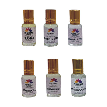 Pujahaat Premium Alcohol-Free&nbsp; Attar Gift Pack Of 6 Floral Attars Combo Perfume Flora, Madhumati, Rajnigandha, Royal Rose, Bageecha, Water Lily (In Roll on Bottle) 18ml (6x3ml) Combo - 1