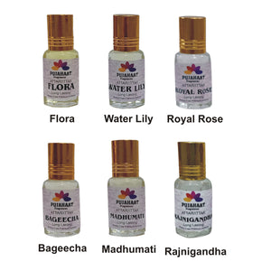 Pujahaat Premium Alcohol-Free&nbsp; Attar Gift Pack Of 6 Floral Attars Combo Perfume Flora, Madhumati, Rajnigandha, Royal Rose, Bageecha, Water Lily (In Roll on Bottle) 18ml (6x3ml) Combo - 1