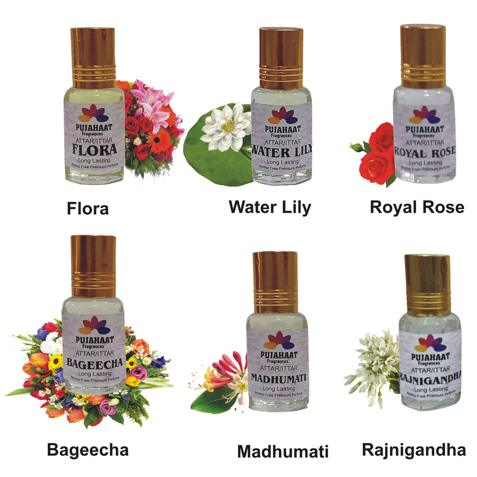 Pujahaat Premium Alcohol-Free&nbsp; Attar Gift Pack Of 6 Floral Attars Combo Perfume Flora, Madhumati, Rajnigandha, Royal Rose, Bageecha, Water Lily (In Roll on Bottle) 18ml (6x3ml) Combo - 1