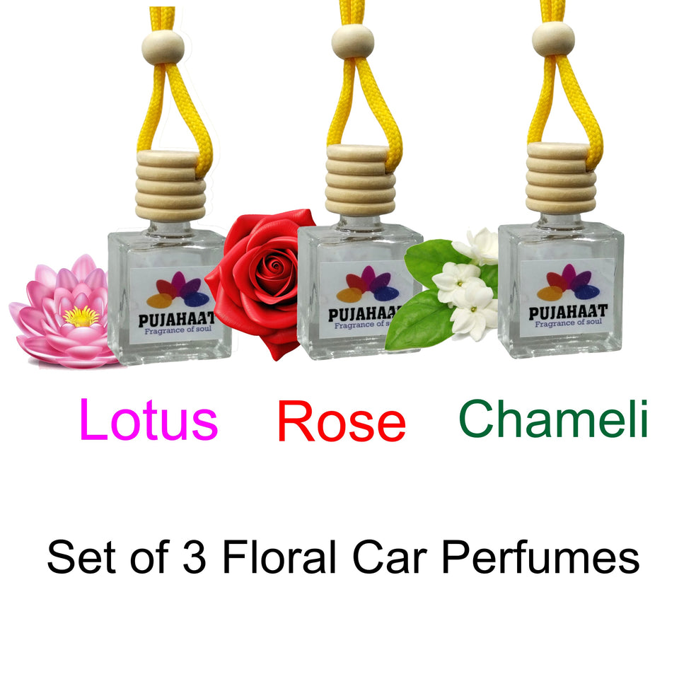 Pujahaat Car Perfume 3 pcs Combo Hanging Pod 10ml Premium Fragrance | High Diffusion with Premium Fragrance Oils with Wooden Diffuser Lid | Long Lasting | Lasts Up to 45 Days - Lotus, Rose, Chameli