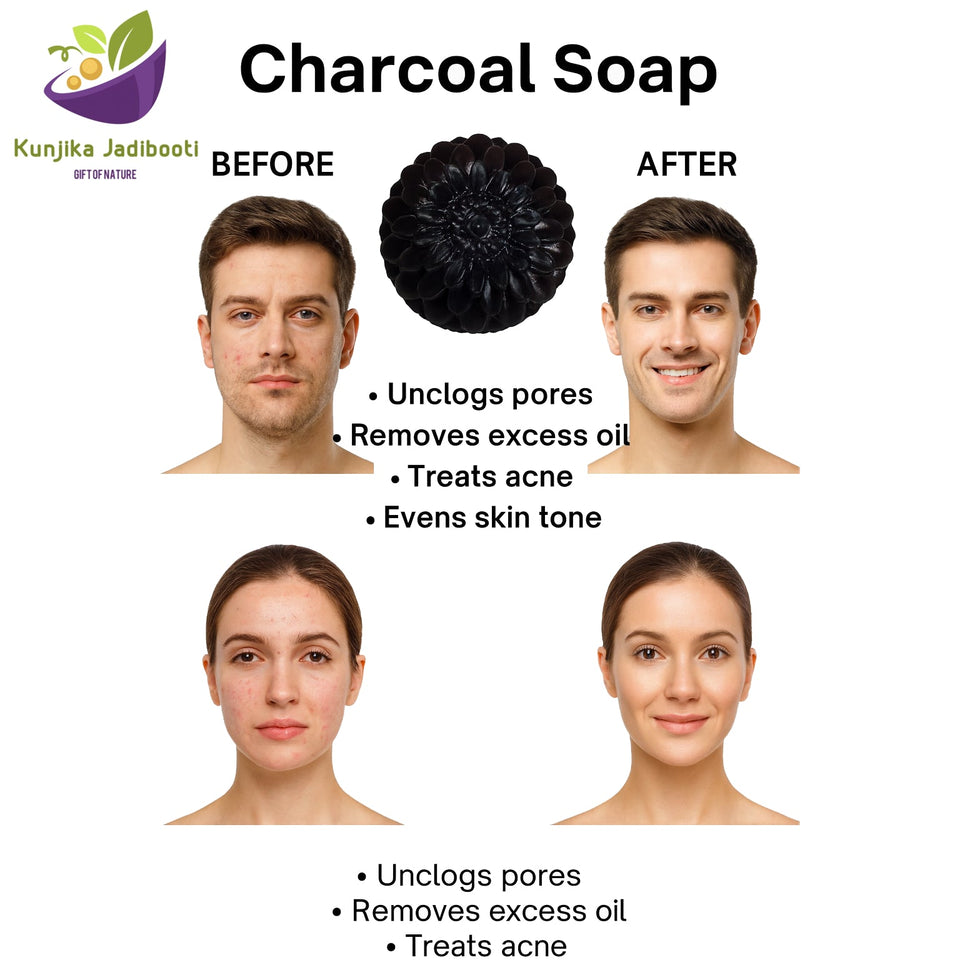 Kunjika Jadibooti Activated Charcoal Soap Black Detox for Face & Body | Deep Cleansing, Oil Control & Acne Care | Handmade Natural Bath Bar with Aloe Vera, Vitamin E and Tea tree Essential oil
