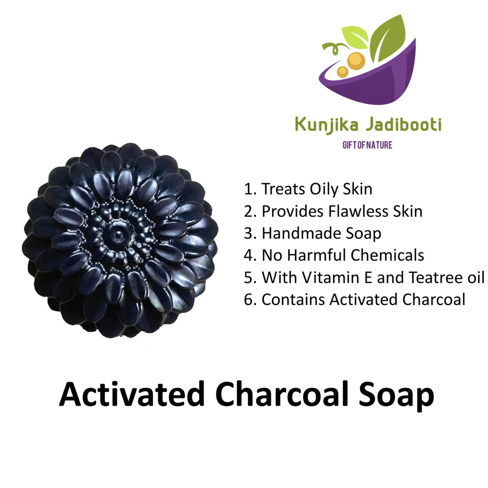 Kunjika Jadibooti Activated Charcoal Soap Black Detox for Face & Body | Deep Cleansing, Oil Control & Acne Care | Handmade Natural Bath Bar with Aloe Vera, Vitamin E and Tea tree Essential oil