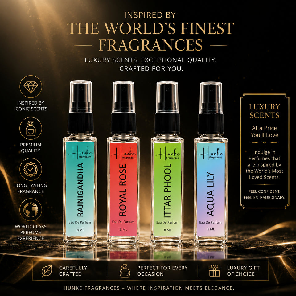 HUNKE EDP Inspired Perfume Set for Men & Women | Set of 4 Premium Long Lasting Fragrances | 8 ml Each | Travel Size Mini Perfume Gift Set | Eau de Parfum Collection - Aqua Lily, Royal Rose, Attar Phool, Rajnigandha