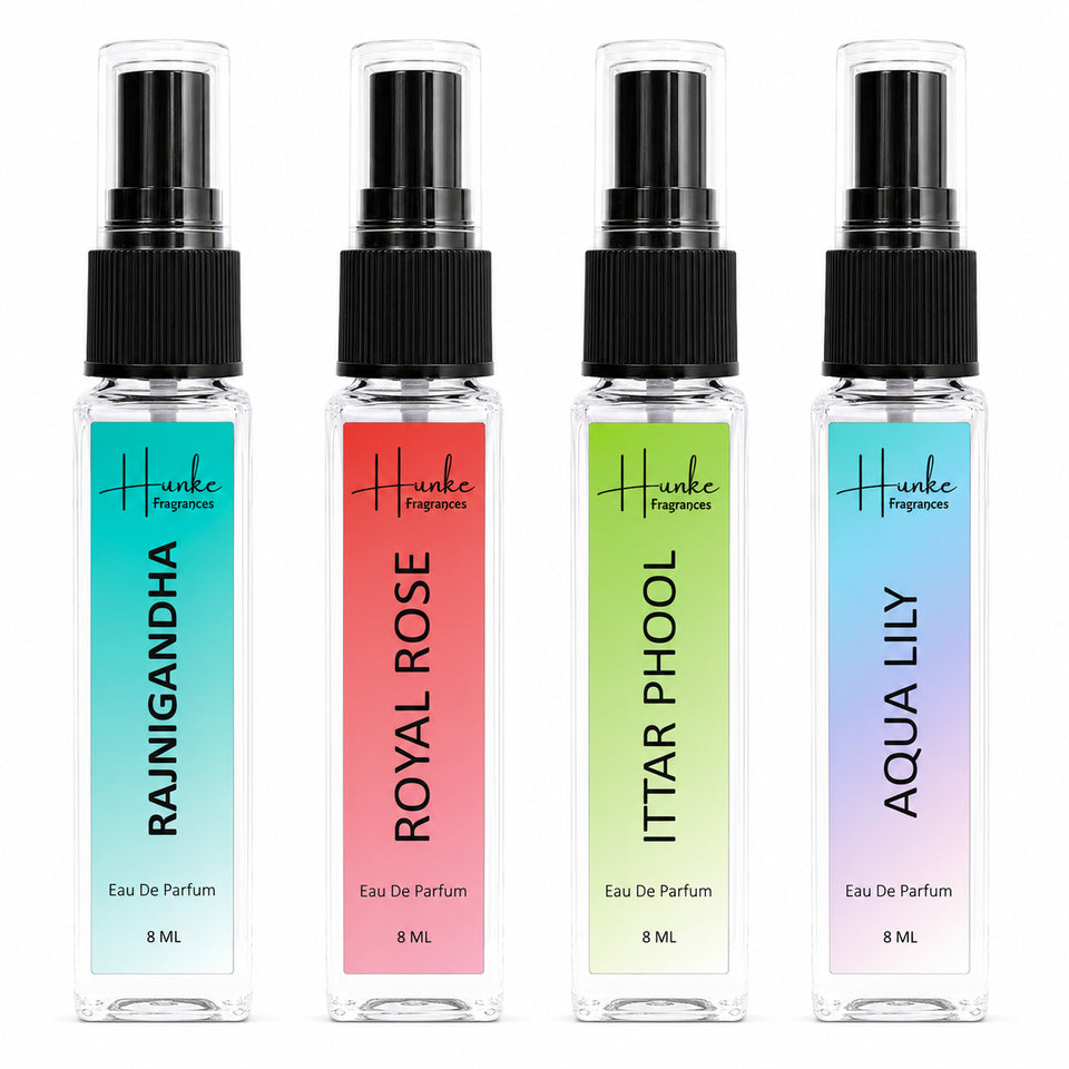 HUNKE EDP Inspired Perfume Set for Men & Women | Set of 4 Premium Long Lasting Fragrances | 8 ml Each | Travel Size Mini Perfume Gift Set | Eau de Parfum Collection - Aqua Lily, Royal Rose, Attar Phool, Rajnigandha