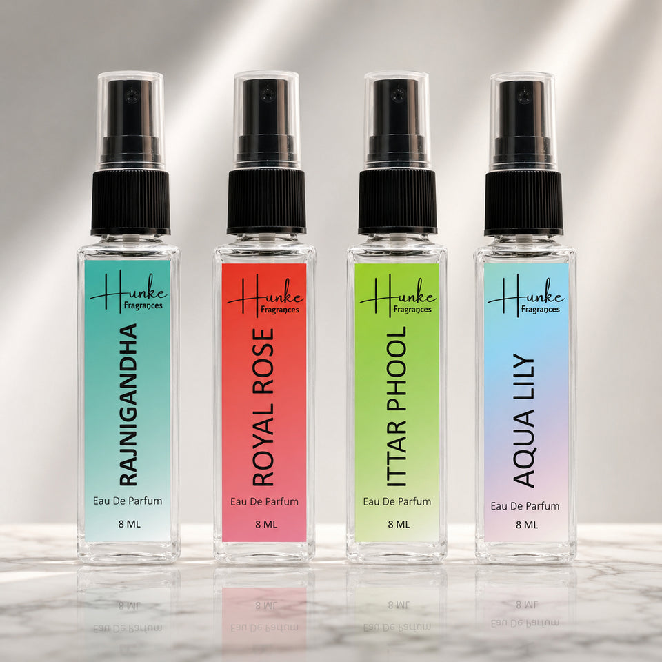 HUNKE EDP Inspired Perfume Set for Men & Women | Set of 4 Premium Long Lasting Fragrances | 8 ml Each | Travel Size Mini Perfume Gift Set | Eau de Parfum Collection - Aqua Lily, Royal Rose, Attar Phool, Rajnigandha
