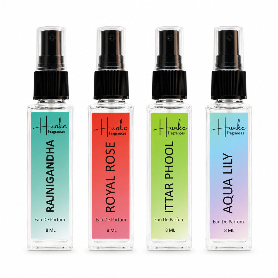 HUNKE EDP Inspired Perfume Set for Men & Women | Set of 4 Premium Long Lasting Fragrances | 8 ml Each | Travel Size Mini Perfume Gift Set | Eau de Parfum Collection - Aqua Lily, Royal Rose, Attar Phool, Rajnigandha