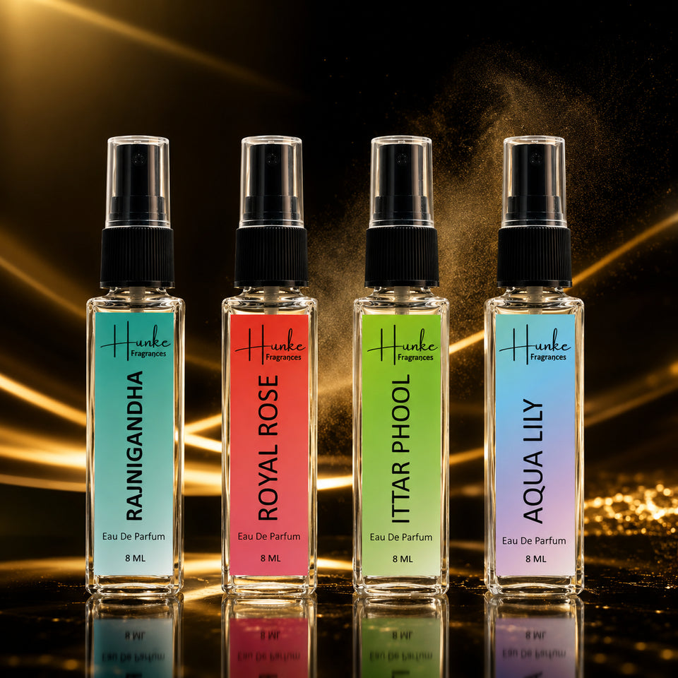 HUNKE EDP Inspired Perfume Set for Men & Women | Set of 4 Premium Long Lasting Fragrances | 8 ml Each | Travel Size Mini Perfume Gift Set | Eau de Parfum Collection - Aqua Lily, Royal Rose, Attar Phool, Rajnigandha
