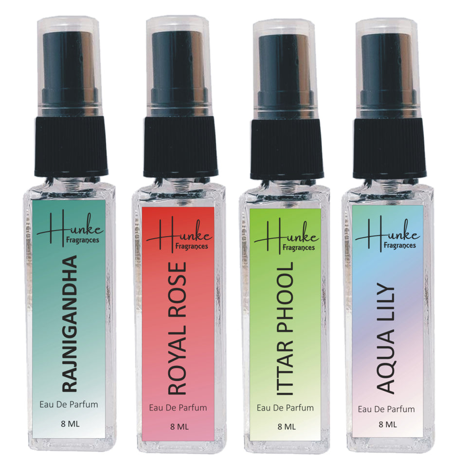 HUNKE EDP Inspired Perfume Set for Men & Women | Set of 4 Premium Long Lasting Fragrances | 8 ml Each | Travel Size Mini Perfume Gift Set | Eau de Parfum Collection - Aqua Lily, Royal Rose, Attar Phool, Rajnigandha