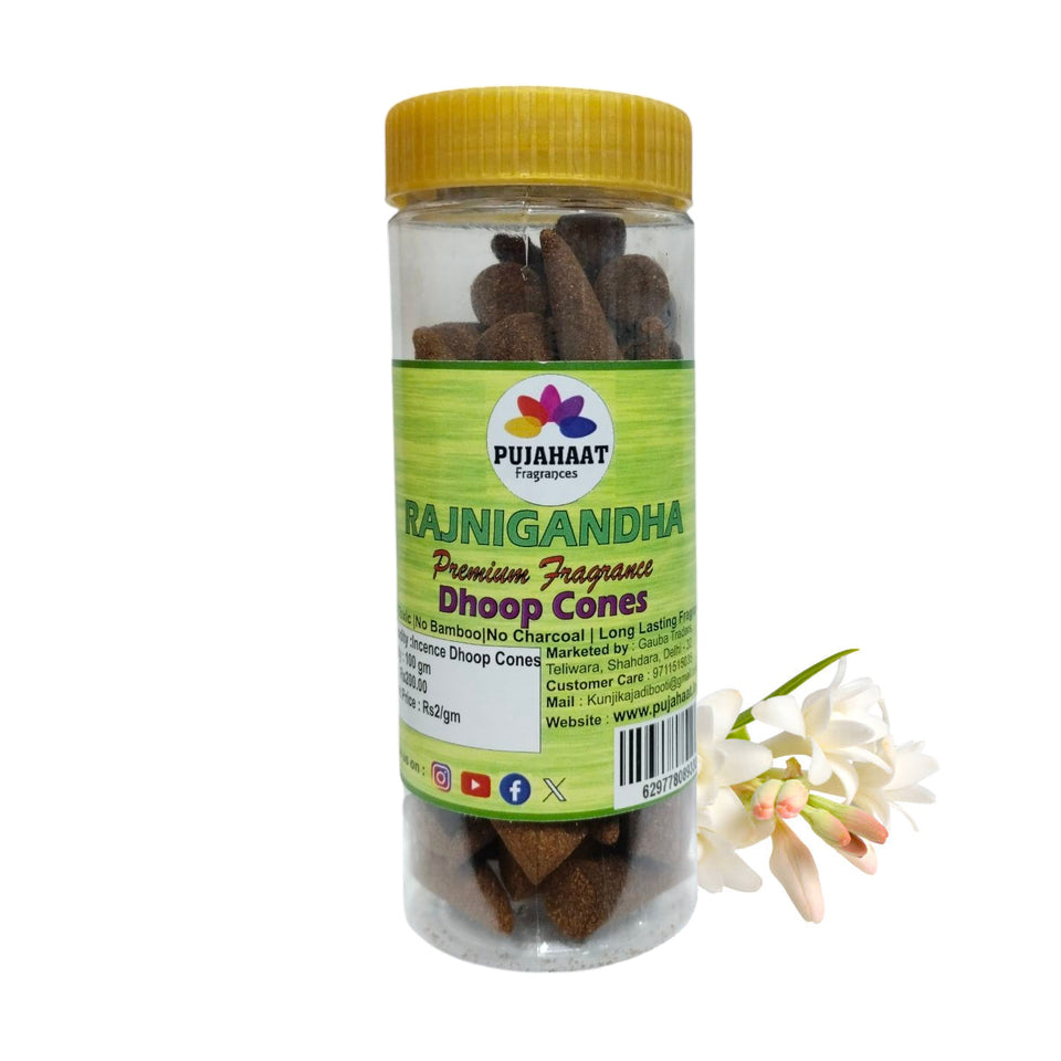 Pujahaat Premium Scented Incense Dhoop Cone | No Charcoal No Bamboo | for Pooja, Rituals & Special Occasions, Aromatherapy Rajnigandha Fragrance