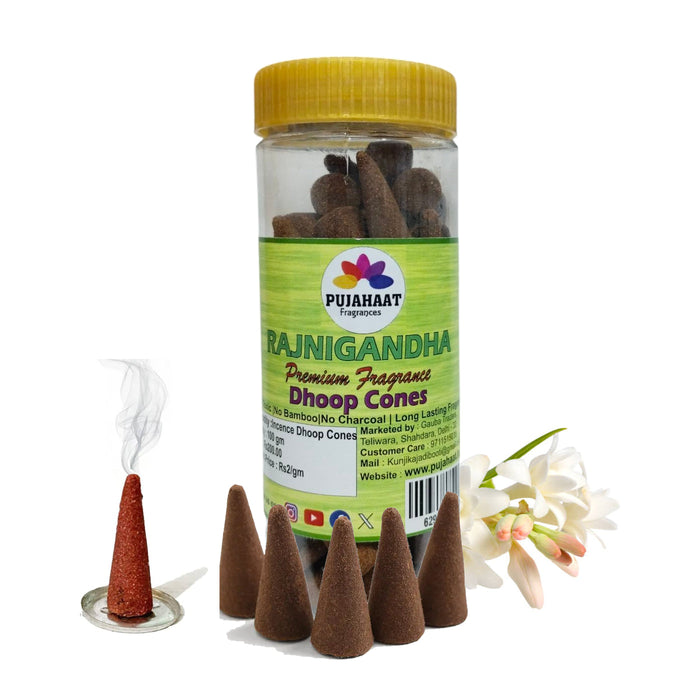 Pujahaat Premium Scented Incense Dhoop Cone | No Charcoal No Bamboo | for Pooja, Rituals & Special Occasions, Aromatherapy Rajnigandha Fragrance
