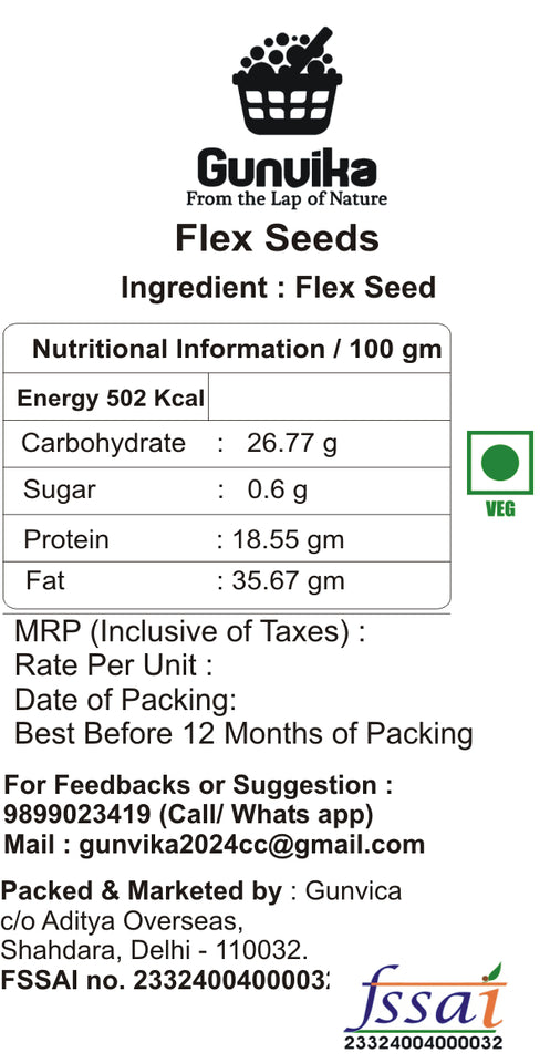 Gunvika Flax Seeds - Alsi Seeds Raw Unroasted Flaxseeds for Eating | Rich in Omega 3 Fatty Acids, Magnesium, Phosphorus & Protein | Source of Iron & Dietary Fibre