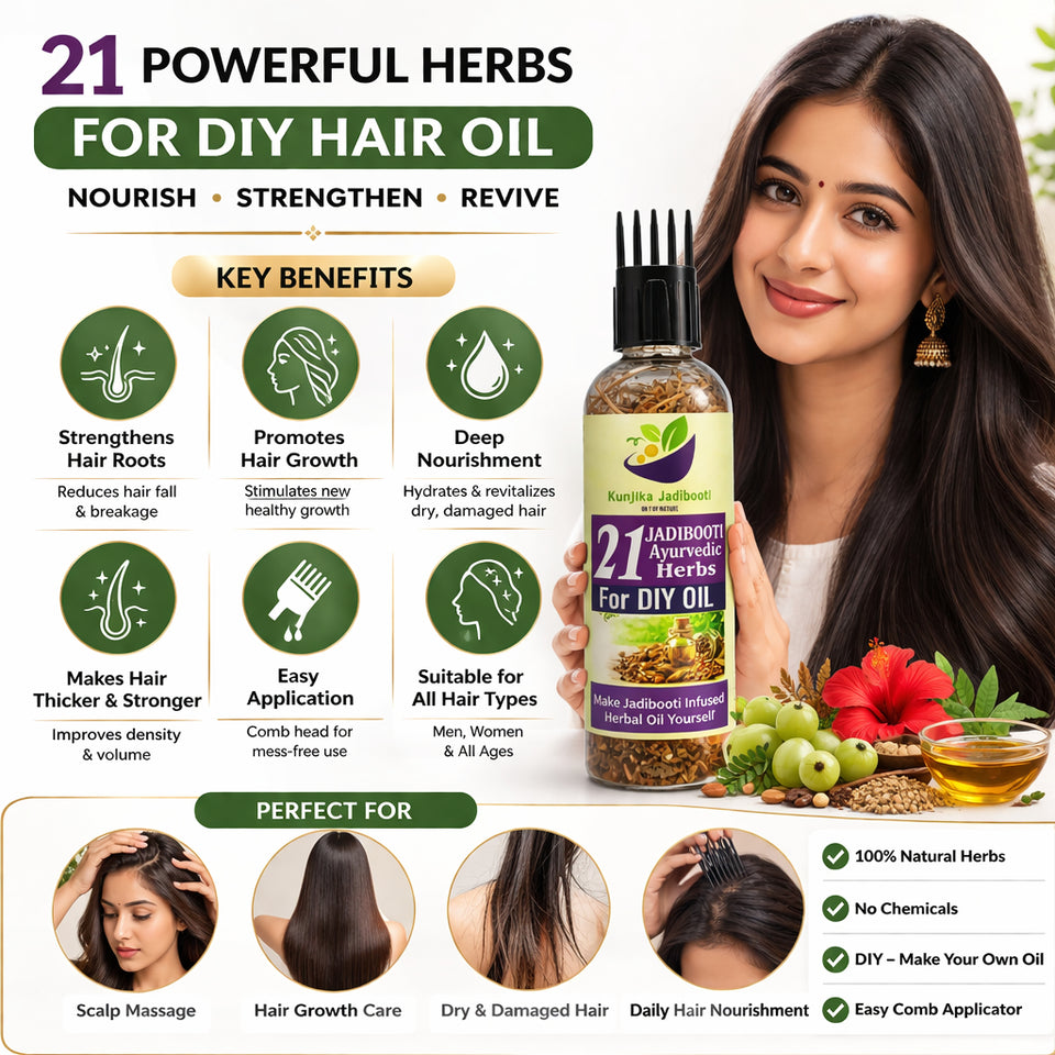 Kunjika Jadibooti 21 Ayurvedic Herbs for Hair Oil | DIY Herbal Hair Oil Kit with Comb Applicator | Natural Hair Growth, Hair Fall Control & Scalp Nourishment | Bhringraj, Amla, Brahmi Blend