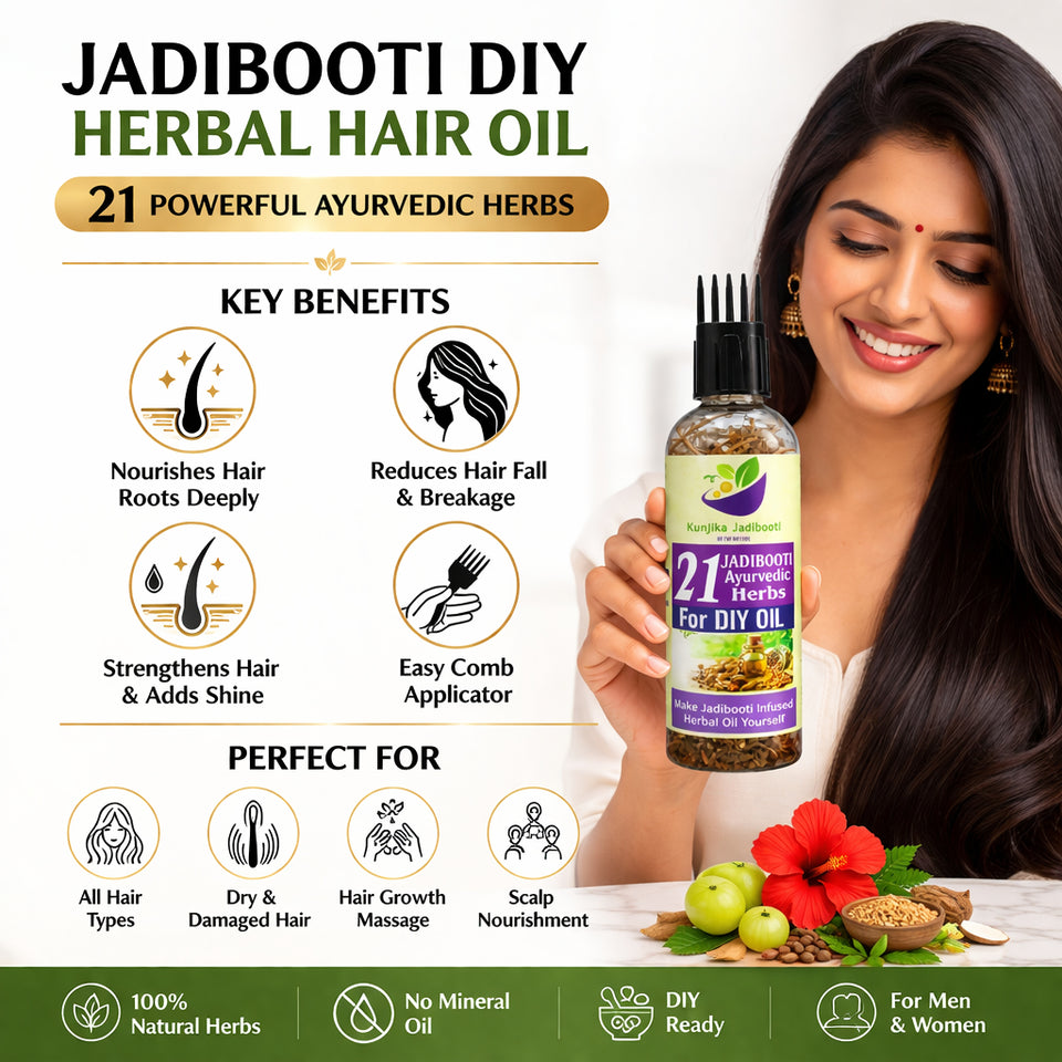 Kunjika Jadibooti 21 Ayurvedic Herbs for Hair Oil | DIY Herbal Hair Oil Kit with Comb Applicator | Natural Hair Growth, Hair Fall Control & Scalp Nourishment | Bhringraj, Amla, Brahmi Blend