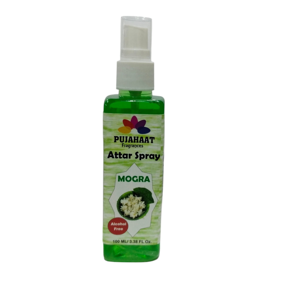 Mogra Attar Spray by Pujahaat | 100ml Non Alcoholic Spray | Religious Mist | Air Freshener, Room Mist, Fabric & Linen Spray | Perfect for Prayer mats, beds, sofas, curtains