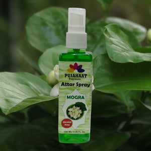 Mogra Attar Spray by Pujahaat | 100ml Non Alcoholic Spray | Religious Mist | Air Freshener, Room Mist, Fabric & Linen Spray | Perfect for Prayer mats, beds, sofas, curtains