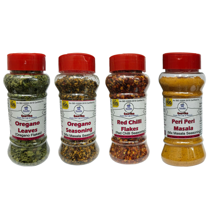 Gunvika Seasoning Combo 4 pcs - Italian Oregano Seasoning, Chilli Flakes, Peri Peri and Oregano Flakes Premium All Natural & Healthy for Snacks, Pizza, Pasta | Vegan | Aromatic