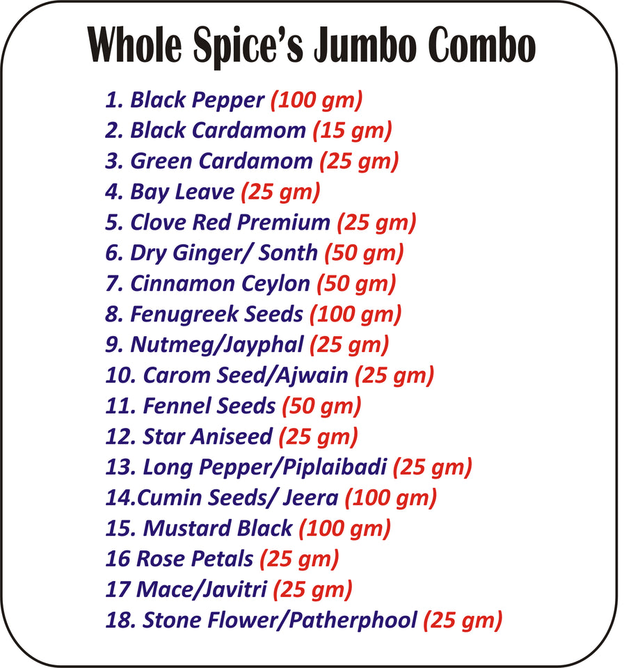 Gunvika Whole Spices Pack of 19 | Sabut Garam masala | Green Cardamom, Ajwain, Black pepper, Cloves, Big Cardamom, Bay Leaves, Kasoori Methi | Methidana, Saunf & More - Ntwt.850 gm