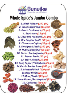 Gunvika Whole Spices Pack of 19 | Sabut Garam masala | Green Cardamom, Ajwain, Black pepper, Cloves, Big Cardamom, Bay Leaves, Kasoori Methi | Methidana, Saunf & More - Ntwt.850 gm