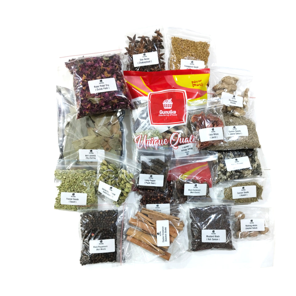 Gunvika Whole Spices Pack of 19 | Sabut Garam masala | Green Cardamom, Ajwain, Black pepper, Cloves, Big Cardamom, Bay Leaves, Kasoori Methi | Methidana, Saunf & More - Ntwt.850 gm