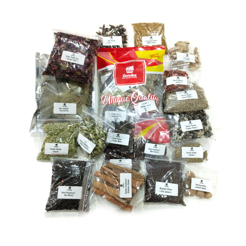 Gunvika Whole Spices Pack of 19 | Sabut Garam masala | Green Cardamom, Ajwain, Black pepper, Cloves, Big Cardamom, Bay Leaves, Kasoori Methi | Methidana, Saunf & More - Ntwt.850 gm