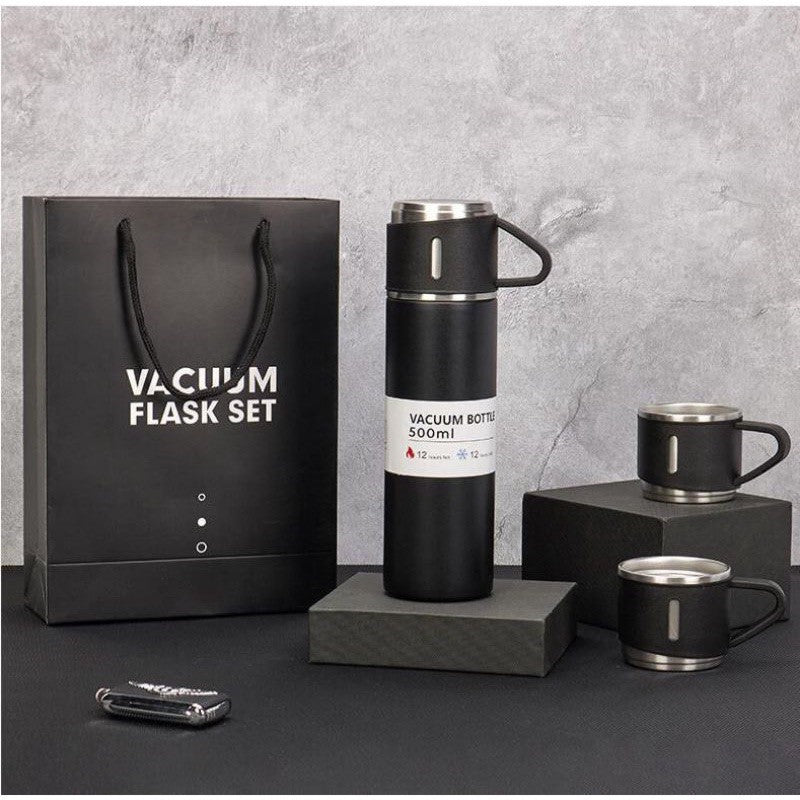 Latest Steel Vacuum Flask Set with 3 Stainless Steel Cups Combo - 500ml - Keeps HOT/Cold | Ideal Gift for Winter