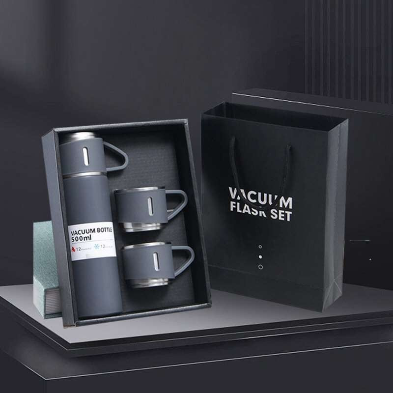 Latest Steel Vacuum Flask Set with 3 Stainless Steel Cups Combo - 500ml - Keeps HOT/Cold | Ideal Gift for Winter