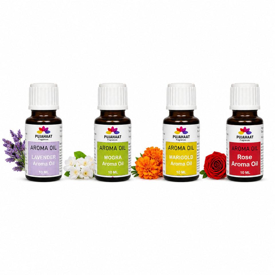 Pujahaat Lavender, Jasmine, Marigold (Genda), Rose Aroma Oil for Aromatherapy oils, Oil for diffusers, Humidifier oils, Oil Burners, Spa and Air Purifier 10ml Each - Set of 4 (4 x 10 ml)
