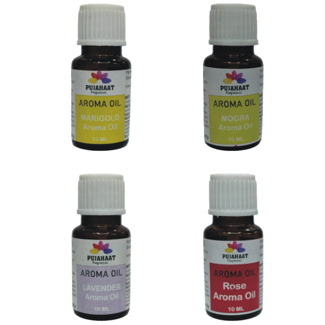 Pujahaat Lavender, Jasmine, Marigold (Genda), Rose Aroma Oil for Aromatherapy oils, Oil for diffusers, Humidifier oils, Oil Burners, Spa and Air Purifier 10ml Each - Set of 4 (4 x 10 ml)