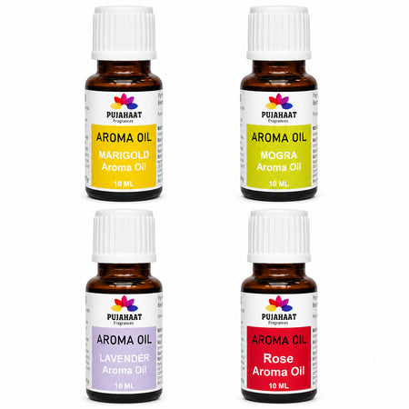 Pujahaat Lavender, Jasmine, Marigold (Genda), Rose Aroma Oil for Aromatherapy oils, Oil for diffusers, Humidifier oils, Oil Burners, Spa and Air Purifier 10ml Each - Set of 4 (4 x 10 ml)