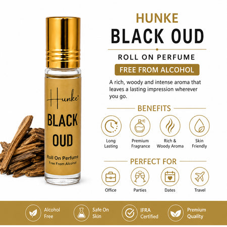 HUNKE Premium Perfume Roll on High Concentration | Attar Ittar Roll on| No Alcohol | Long Lasting Travel Size 8 ML Roll-On, High Projection Fragrance - Black Oud