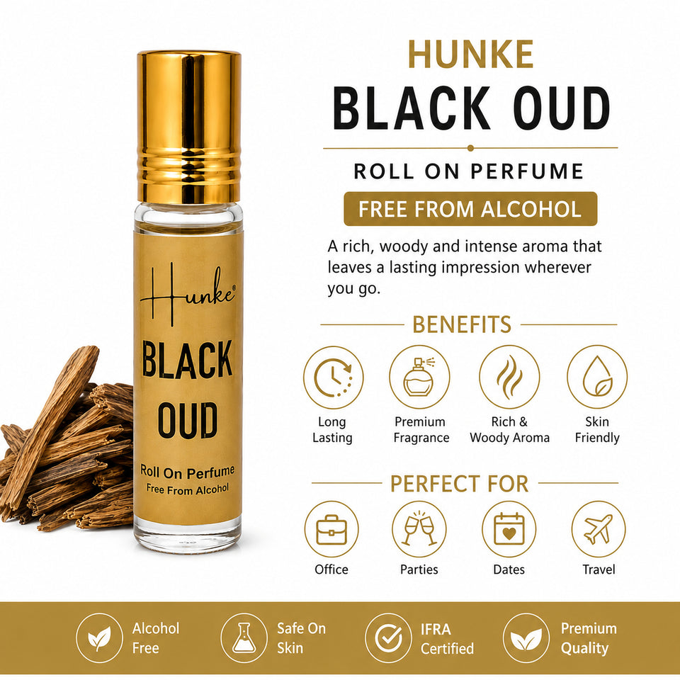 HUNKE Premium Perfume Roll on High Concentration | Attar Ittar Roll on| No Alcohol | Long Lasting Travel Size 8 ML Roll-On, High Projection Fragrance - Black Oud