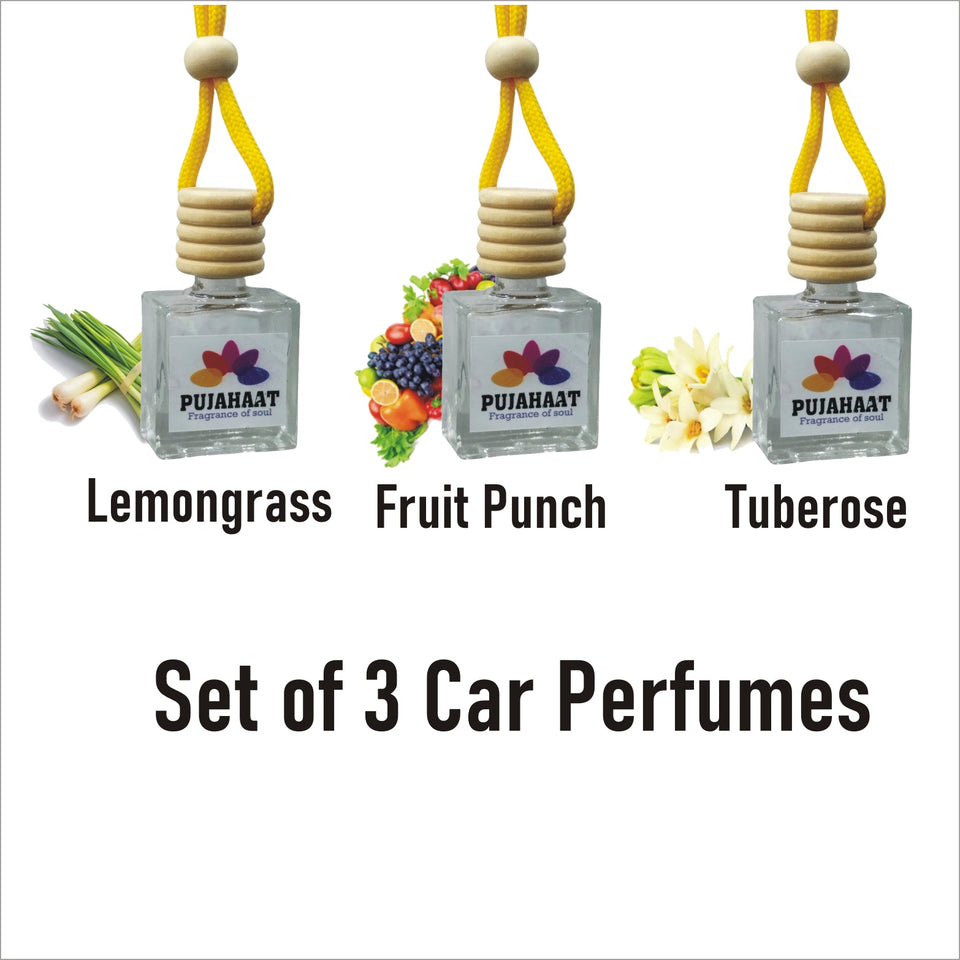 Pujahaat Car Perfume 3 pcs Combo Hanging Pod 10ml Premium Fragrance | High Diffusion with Premium Fragrance Oils with Wooden Diffuser Lid | Long Lasting | Lasts Up to 45 Days - Tuberose, Fruit Punch, Lemongrass