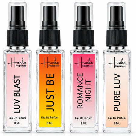 HUNKE EDP Inspired Perfume Set for Men & Women | Set of 4 Premium Long Lasting Fragrances | 8 ml Each | Travel Size Mini Perfume Gift Set | Eau de Parfum Collection - Luv Blast, Pure Love, Romace Night, Just Be