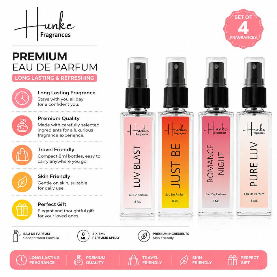 HUNKE EDP Inspired Perfume Set for Men & Women | Set of 4 Premium Long Lasting Fragrances | 8 ml Each | Travel Size Mini Perfume Gift Set | Eau de Parfum Collection - Luv Blast, Pure Love, Romace Night, Just Be