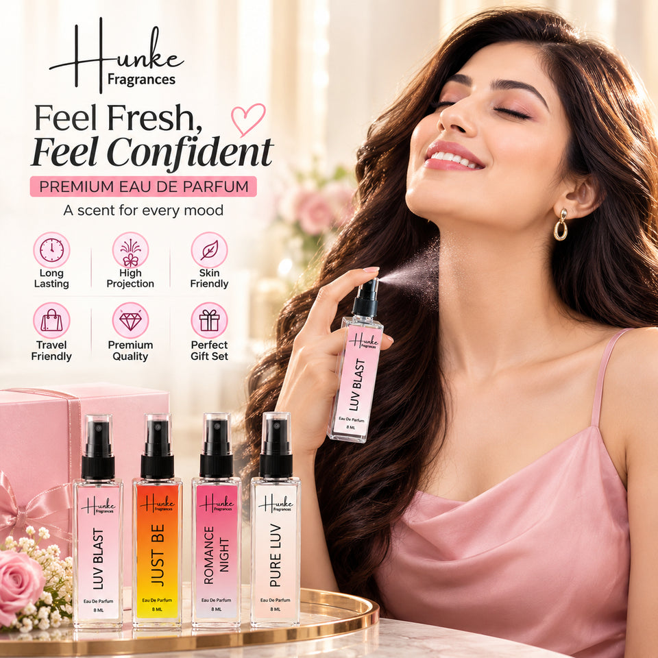 HUNKE EDP Inspired Perfume Set for Men & Women | Set of 4 Premium Long Lasting Fragrances | 8 ml Each | Travel Size Mini Perfume Gift Set | Eau de Parfum Collection - Luv Blast, Pure Love, Romace Night, Just Be