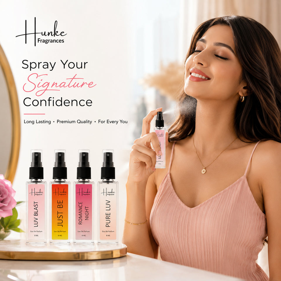 HUNKE EDP Inspired Perfume Set for Men & Women | Set of 4 Premium Long Lasting Fragrances | 8 ml Each | Travel Size Mini Perfume Gift Set | Eau de Parfum Collection - Luv Blast, Pure Love, Romace Night, Just Be