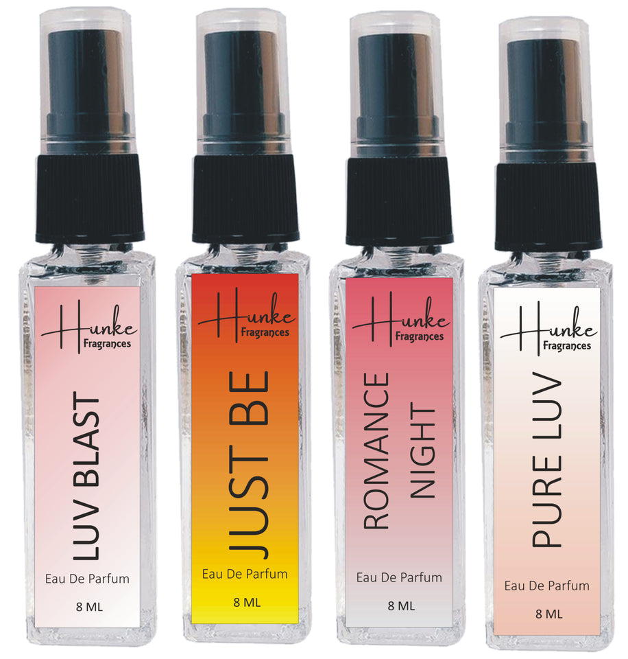HUNKE EDP Inspired Perfume Set for Men & Women | Set of 4 Premium Long Lasting Fragrances | 8 ml Each | Travel Size Mini Perfume Gift Set | Eau de Parfum Collection - Luv Blast, Pure Love, Romace Night, Just Be