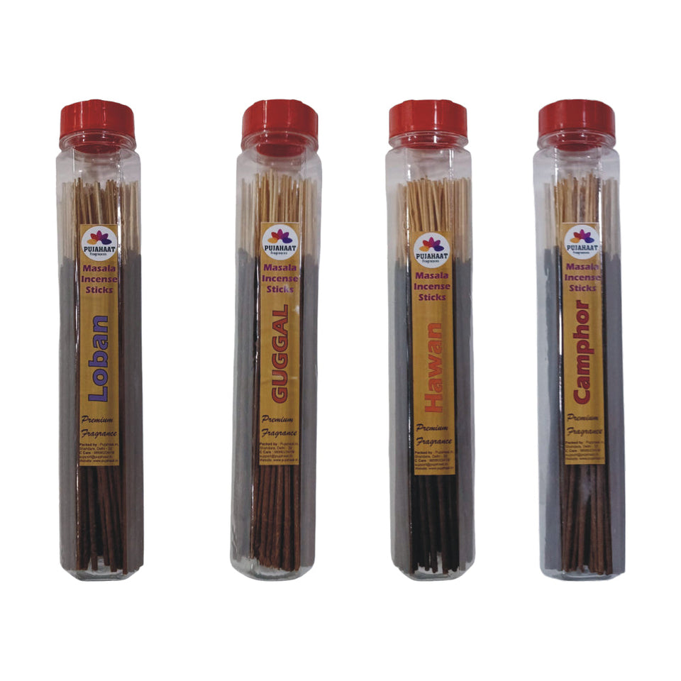 Pujahaat Premium Loban, Guggal, Camphor (Kapoor), Hawan Samagri Scented Incense Stick Masala Agarbatti | No Charcoal Incense Sticks, 100% Herbal Fragrance Agarbatti, 0% Sulphates 4 Fine Fragrance - 400 gm (4 x 100 GMS)