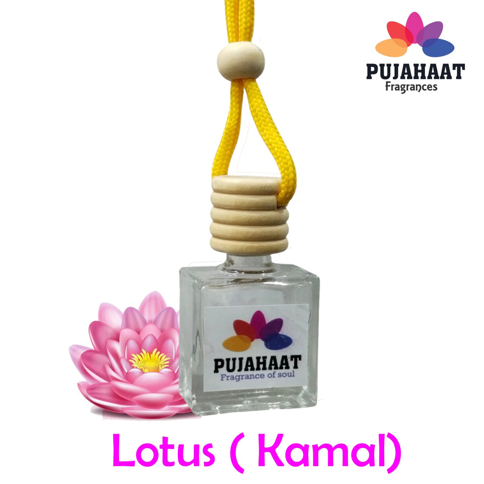 Car Perfume Hanging Pod 10ml Lotus Premium Fragrance by Pujahaat | High Diffusion with Premium Fragrance Oils in Glass Bottle with Wooden Diffuser Lid | Long Lasting | Lasts Up to 45 Days - Lotus