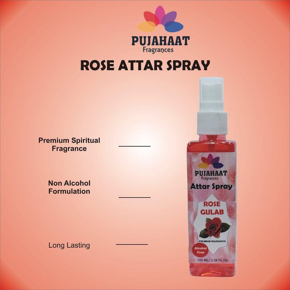 Rose Attar Spray by Pujahaat | 100ml Non Alcoholic Spray | Religious Mist | Air Freshener, Room Mist, Fabric & Linen Spray | Perfect for Prayer mats, beds, sofas, curtains