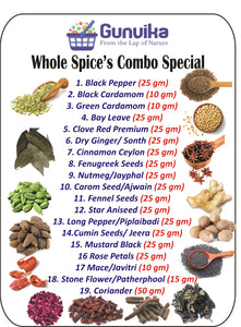 Gunvika Whole Spices Pack of 19 | Sabut Garam masala | Green Cardamom, Ajwain, Black pepper, Cloves, Big Cardamom, Bay Leaves, Kasoori Methi | Methidana, Saunf & More - Nt wt 445 gm