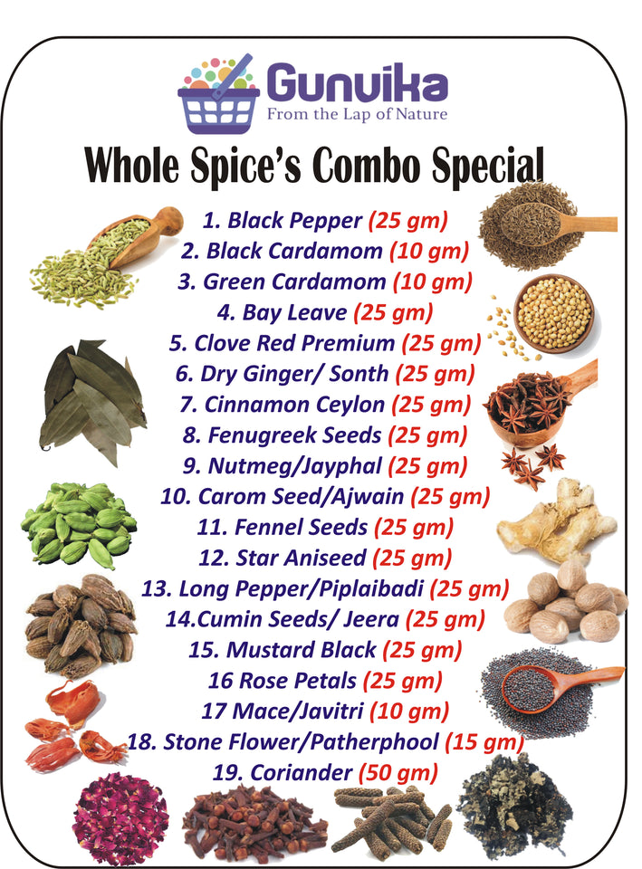 Gunvika Whole Spices Pack of 19 | Sabut Garam masala | Green Cardamom, Ajwain, Black pepper, Cloves, Big Cardamom, Bay Leaves, Kasoori Methi | Methidana, Saunf & More - Nt wt 445 gm