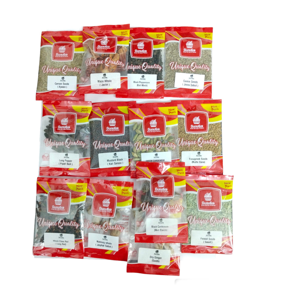 Gunvika Whole Spices Pack of 19 | Sabut Garam masala | Green Cardamom, Ajwain, Black pepper, Cloves, Big Cardamom, Bay Leaves, Kasoori Methi | Methidana, Saunf & More - Ntwt.850 gm