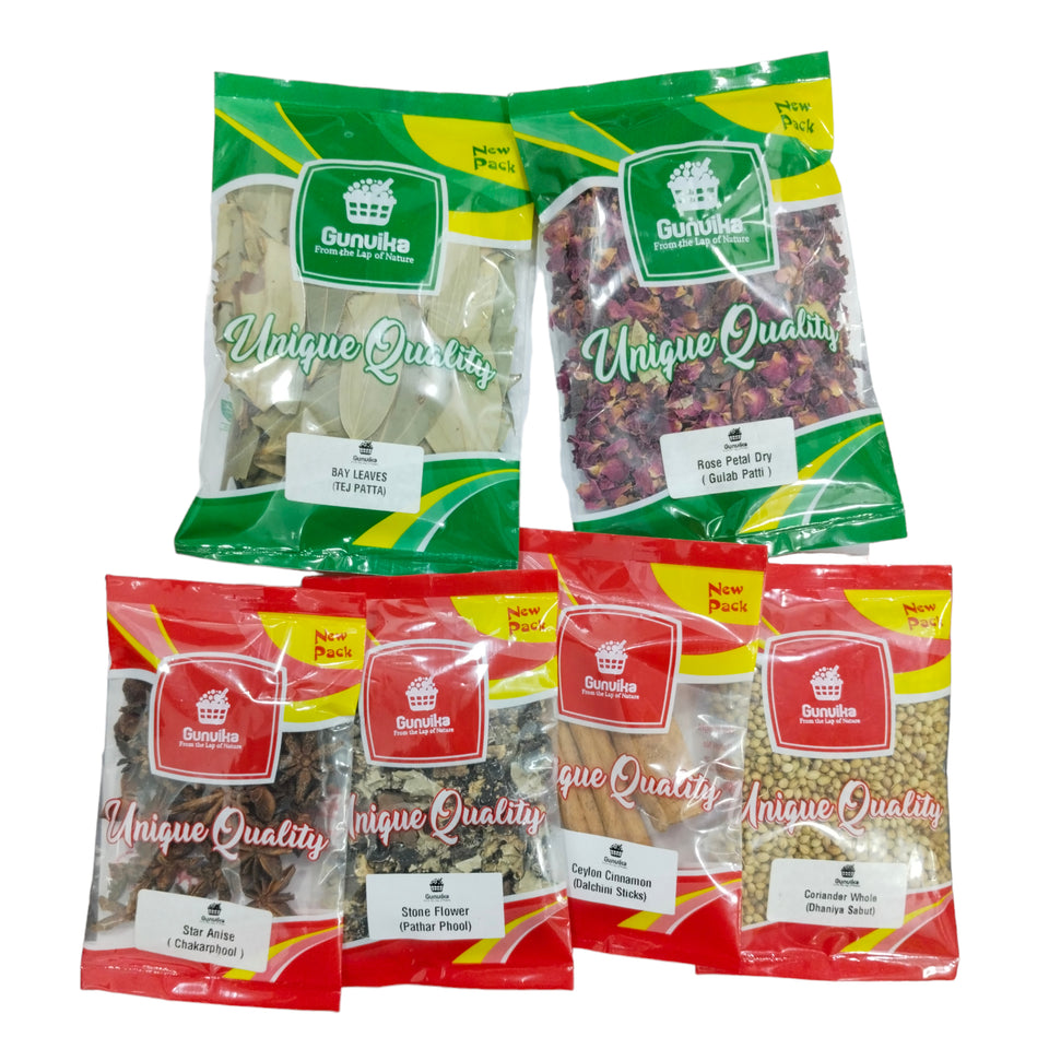 Gunvika Whole Spices Pack of 19 | Sabut Garam masala | Green Cardamom, Ajwain, Black pepper, Cloves, Big Cardamom, Bay Leaves, Kasoori Methi | Methidana, Saunf & More - Nt wt 445 gm