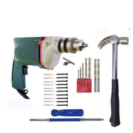 10mm Electric drill machine With Claw Hammer 5pc Masonry 2pc HSS 1pc Screwdriver and 10+10 Screw and Gitti Pack of 8 Product Power & Hand Tool Kit -ht31