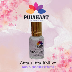 Pujahaat Premium Alcohol-Free Attar | Ittar 6ml, Long-Lasting Travel Size Roll-On, Best Floral Woody Attar Fragrance Oil - Kesar Chandan