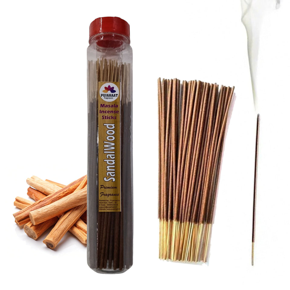 Pujahaat Premium Sandalwood, Rose, Musk, Mogra Scented Incense Stick Masala Agarbatti | No Charcoal Incense Sticks, 100% Herbal Fragrance Agarbatti, 0% Sulphates 4 Fine Fragrance - 400 gm (4 x 100 GMS)